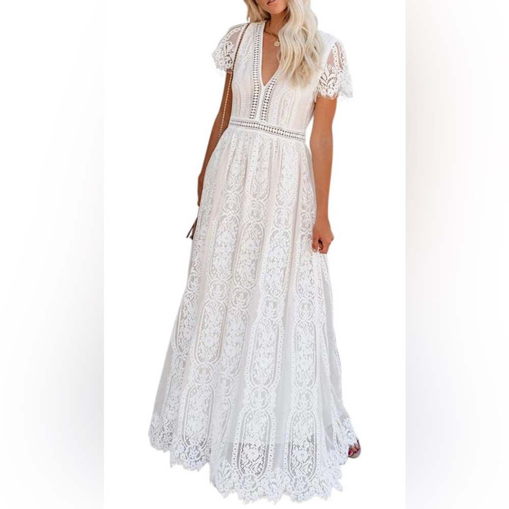 Womens Boho Floral Lace V Neck Long Evening Dress Party Maxi Wedding Dress